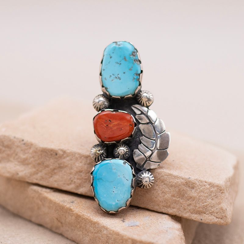 Large Turquoise &amp; Coral Ring with Leaf