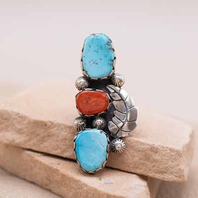 Large Turquoise &amp; Coral Ring with Leaf