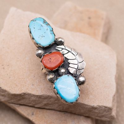 Large Turquoise &amp; Coral Ring with Leaf