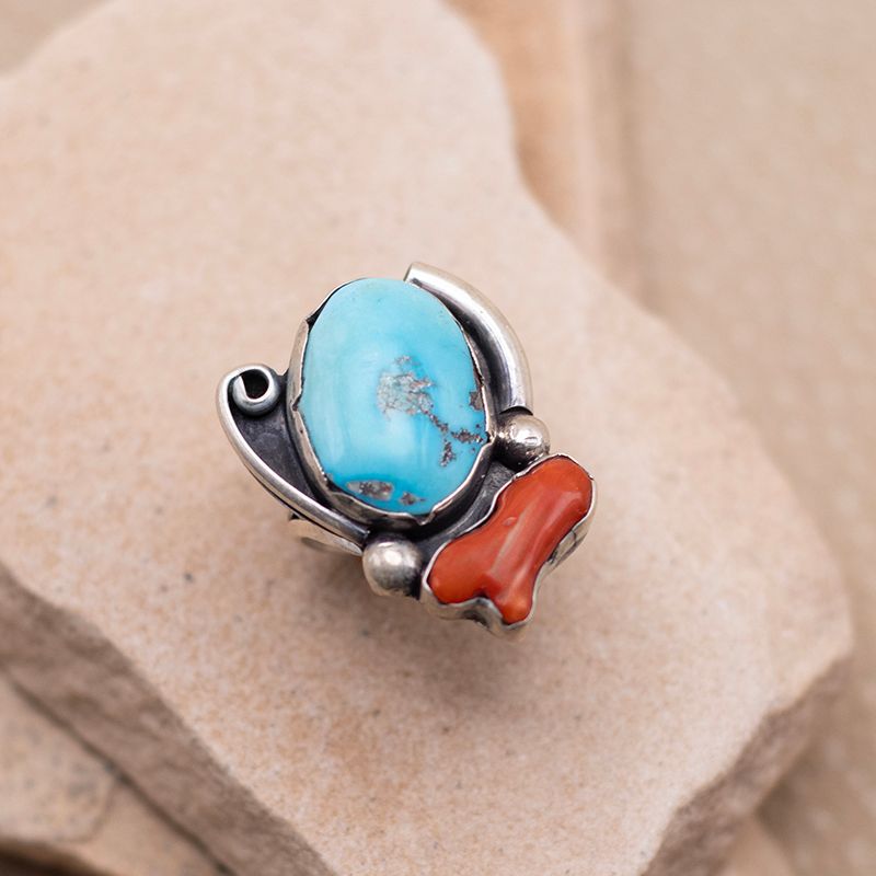 Unique Turquoise &amp; Coral Ring