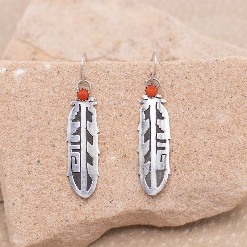 Overlay Feather with Coral Dots Dangle Earrings