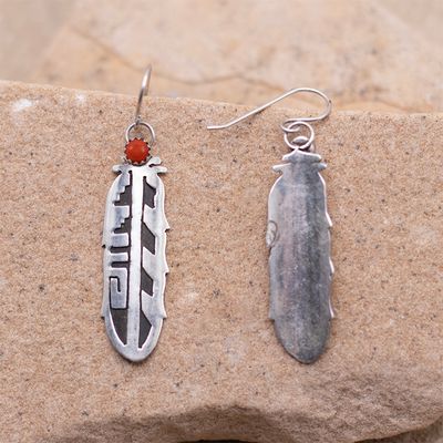 Overlay Feather with Coral Dots Dangle Earrings