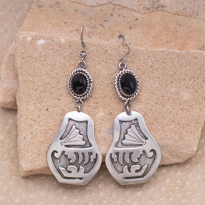 Double Dangle Black Onyx &amp; Navajo Pot Design Earrings