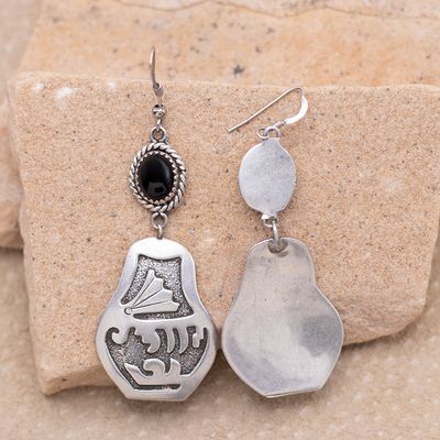 Double Dangle Black Onyx &amp; Navajo Pot Design Earrings
