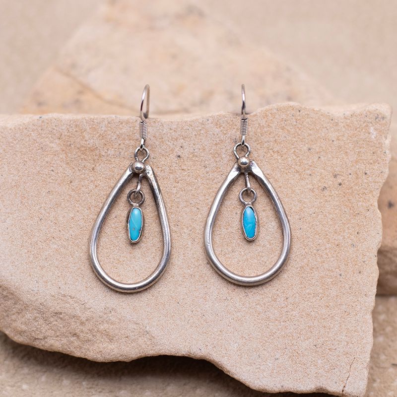 Double Dangle Silver Loop Earrings with Turquoise