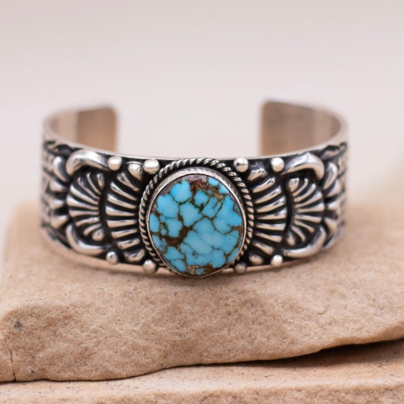 Large Round Stone Sonoran Gold Cuff with Detailed Stamping