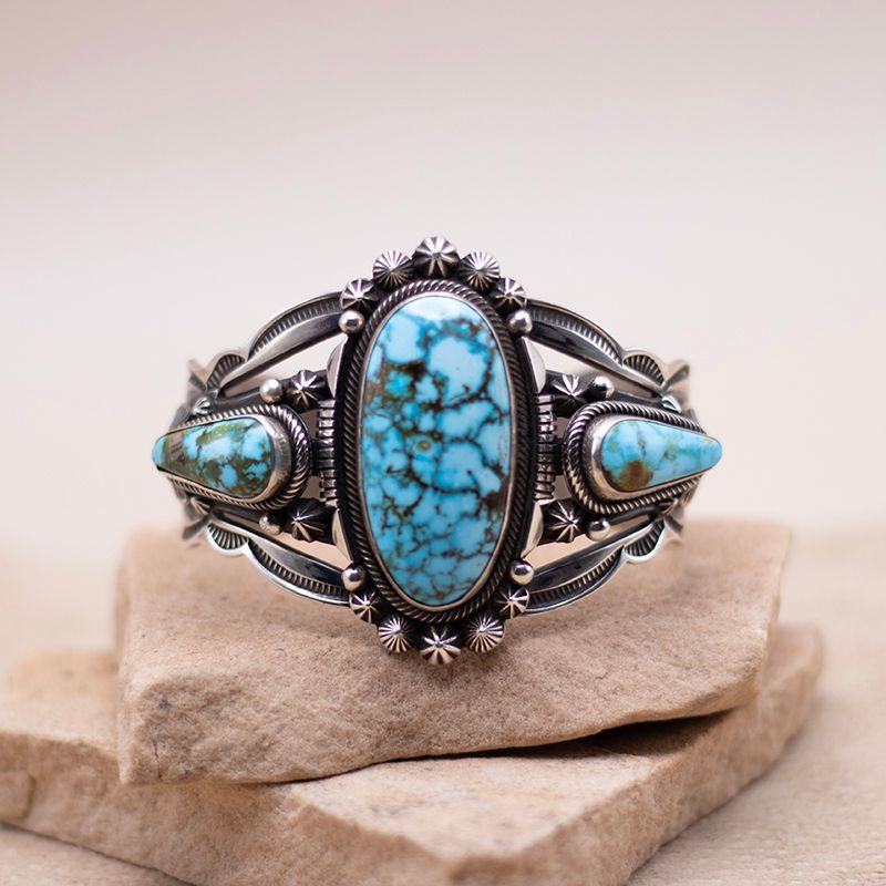 Aaron Toadalena Large 3 Stone Sonoran Blue Cuff