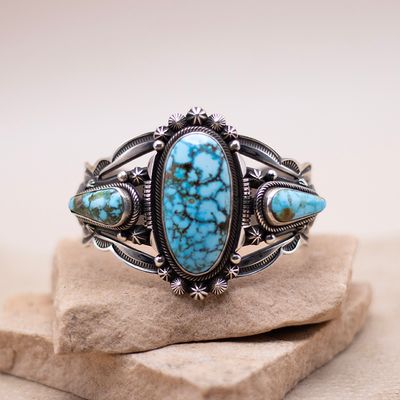 Aaron Toadalena Large 3 Stone Sonoran Blue Cuff