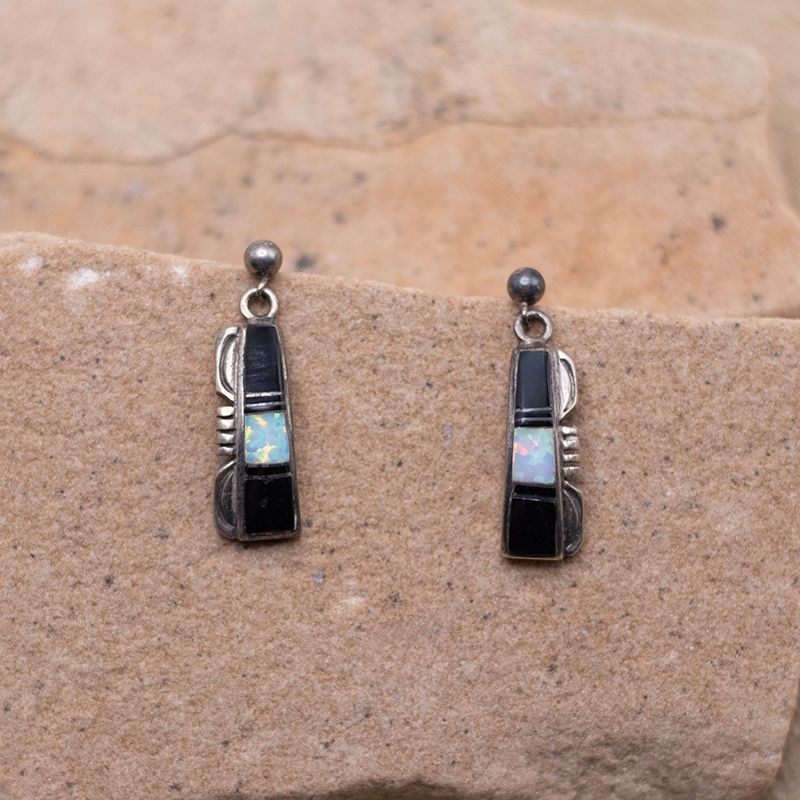 Onyx and Opal Post Half Hoop Inlay Earring