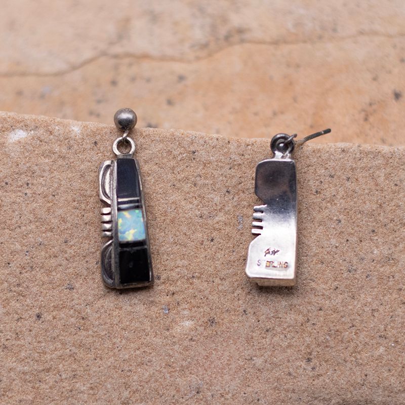 Onyx and Opal Post Half Hoop Inlay Earring