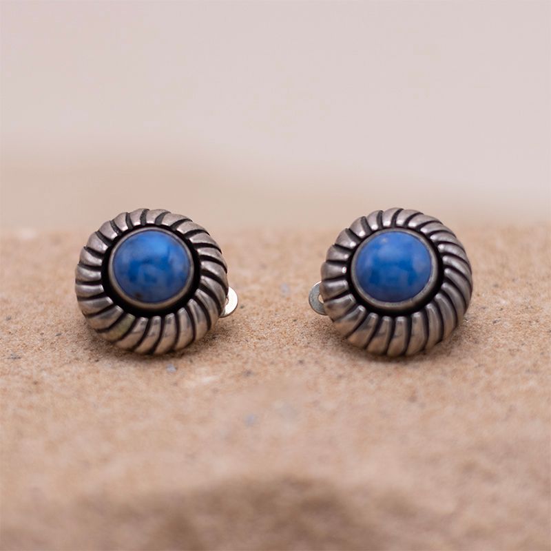 Round Denim Lapis Earrings with hand stamped surround