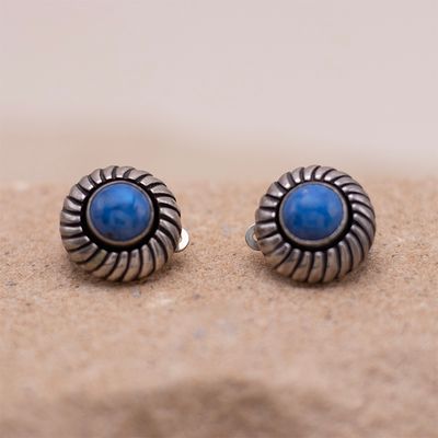 Round Denim Lapis Earrings with hand stamped surround