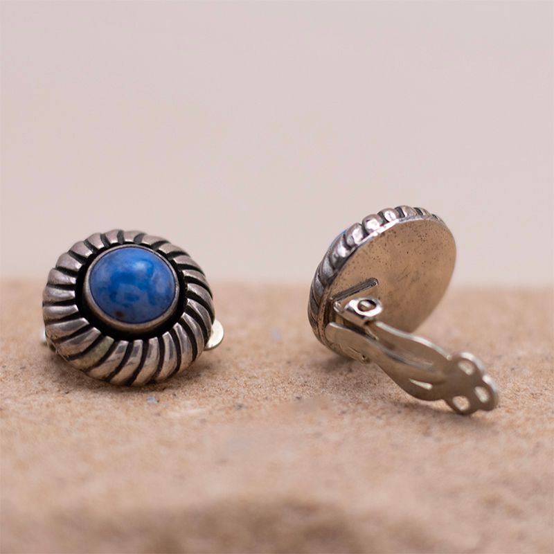 Round Denim Lapis Earrings with hand stamped surround