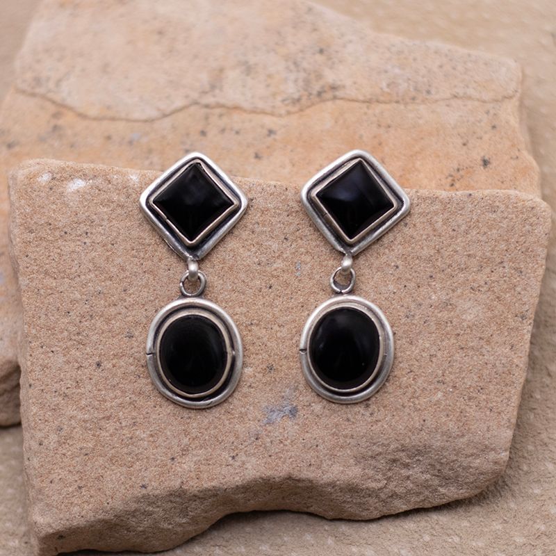 Diamond with Circle Drop Onyx Earrings