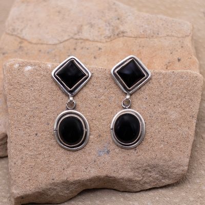 Diamond with Circle Drop Onyx Earrings