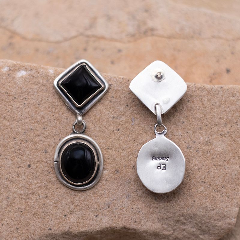 Diamond with Circle Drop Onyx Earrings