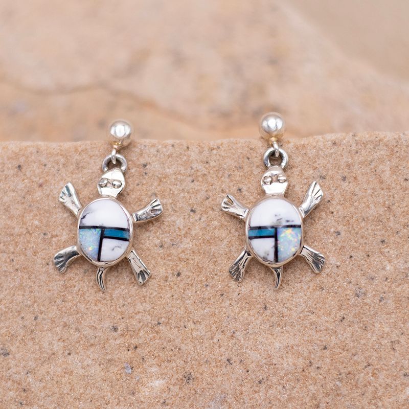 Turtle Inlay Earrings with White Buffalo Opal &amp; Turquoise