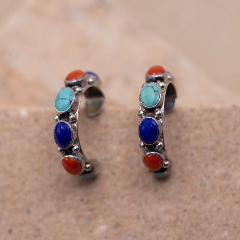 Coral Lapis and Turquoise Half Hoop Earrings