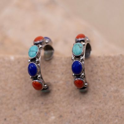 Coral Lapis and Turquoise Half Hoop Earrings