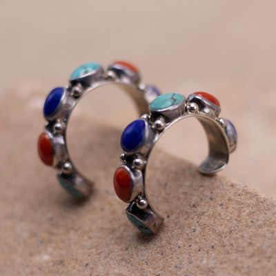 Coral Lapis and Turquoise Half Hoop Earrings