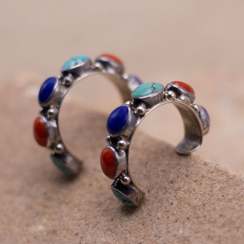 Coral Lapis and Turquoise Half Hoop Earrings