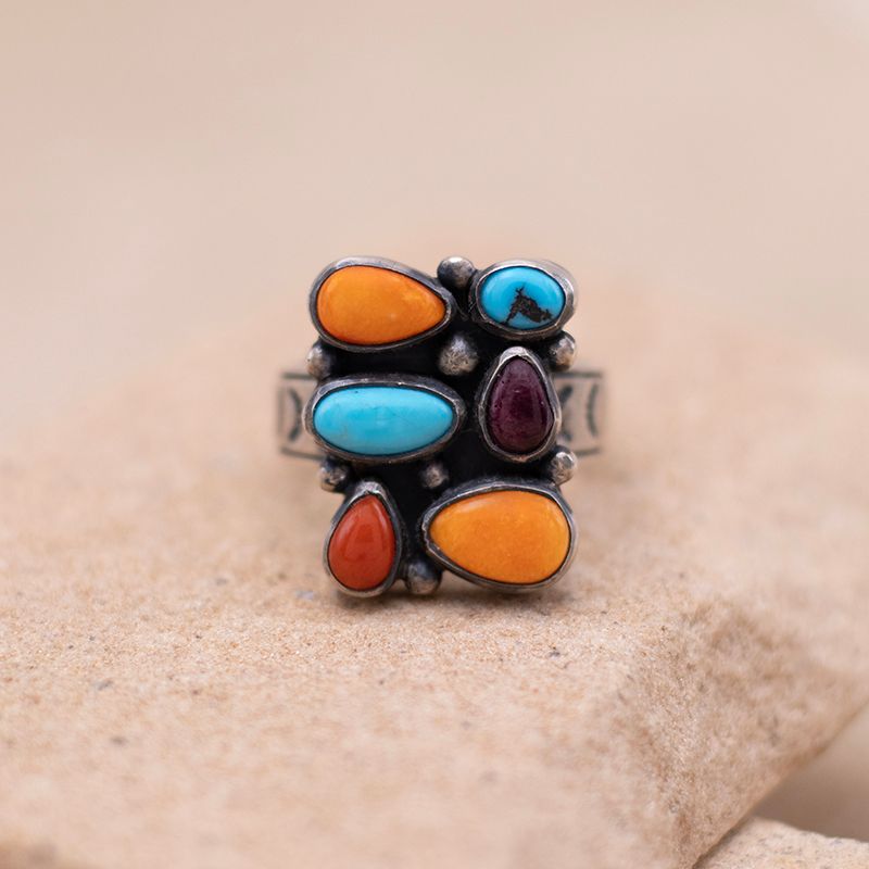 Square cluster ring with Coral, Spiny Oyster and Turquoise