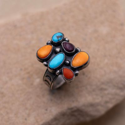 Square cluster ring with Coral, Spiny Oyster and Turquoise