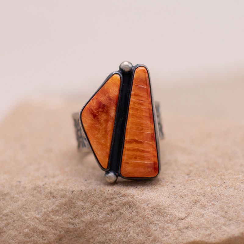 Two Stone Orange Spiny Oyster Shell Adjustable Ring
