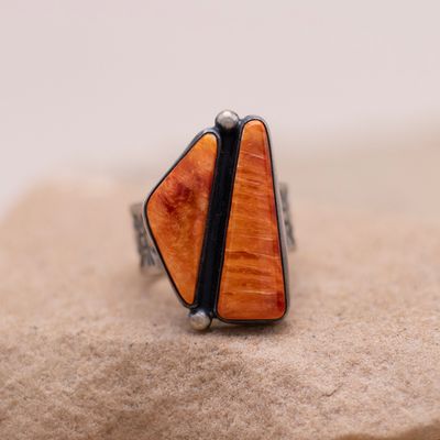 Two Stone Orange Spiny Oyster Shell Adjustable Ring