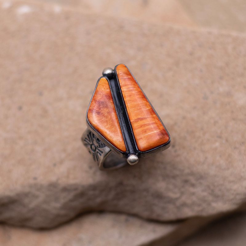 Two Stone Orange Spiny Oyster Shell Adjustable Ring