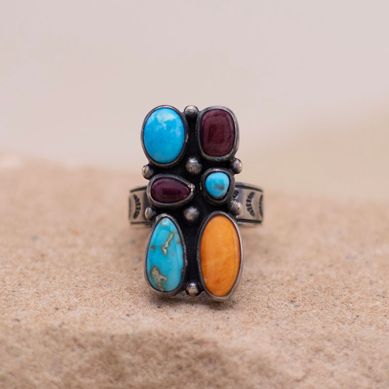 Turquoise and Spiny Oyster Shell Rectangle Cluster Ring