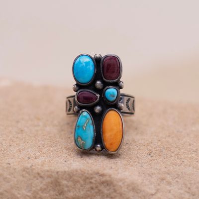 Turquoise and Spiny Oyster Shell Rectangle Cluster Ring
