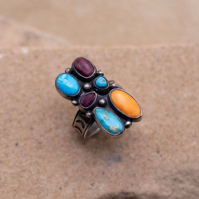 Turquoise and Spiny Oyster Shell Rectangle Cluster Ring