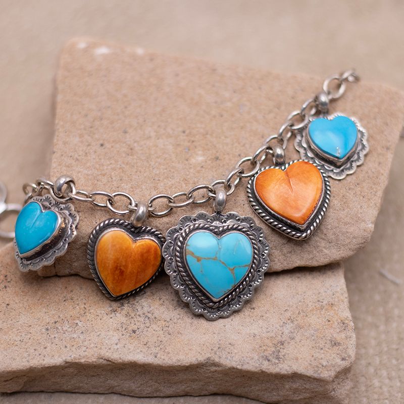 Turquoise &amp; Spiny Oyster Shell Heart Charm Bracelet