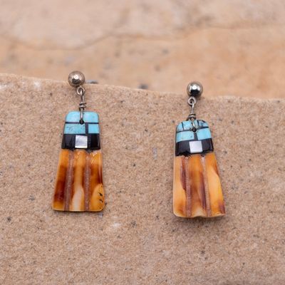 Vintage Shell Earrings with Turquoise and Jet Inlay