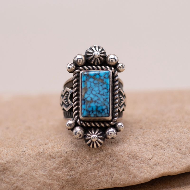 Small Kingman Stone Ring with Hand Stamped Band and Detail