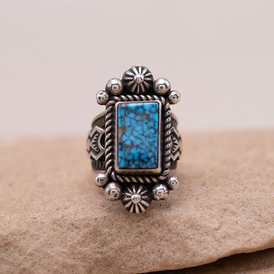 Small Kingman Stone Ring with Hand Stamped Band and Detail