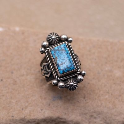 Small Kingman Stone Ring with Hand Stamped Band and Detail