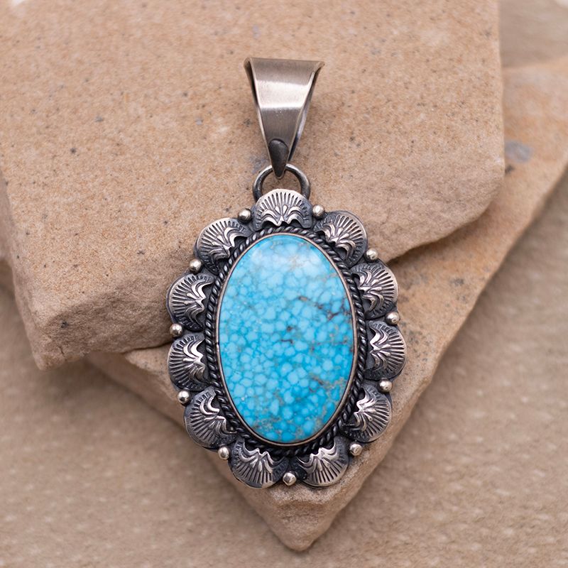 Waterweb Turquoise Pendant with Overlay Handstamp Details