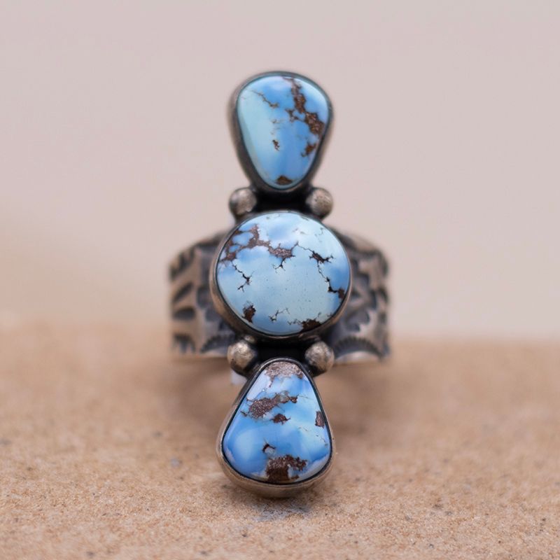 Handstamped Golden Hills Ring with Three Stones (Vertical)