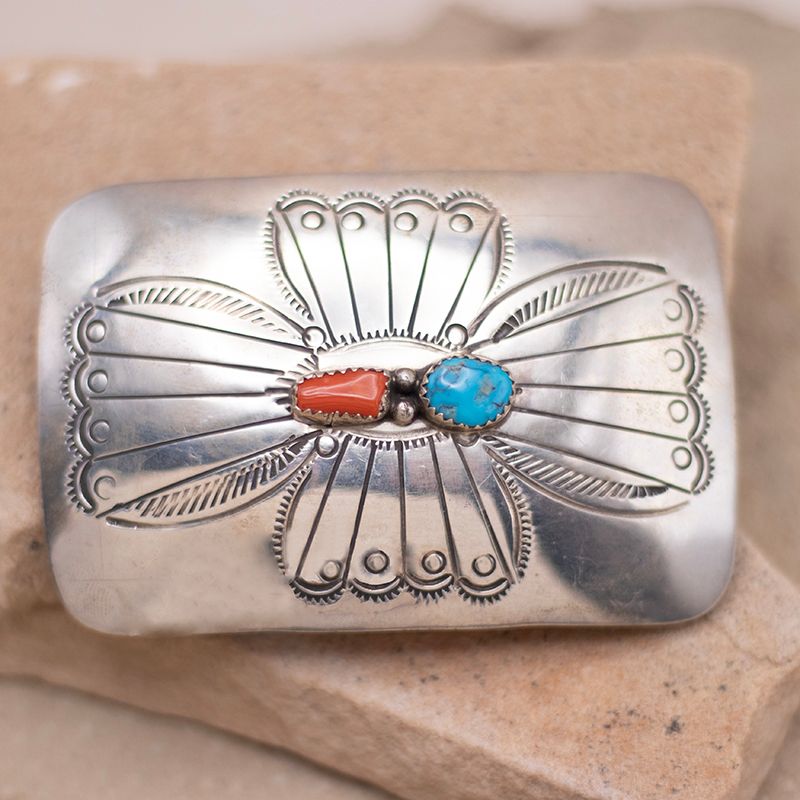Handstamped Vintage Buckle with Turquoise &amp; Coral