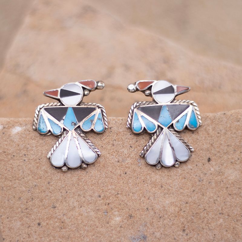 Vintage Inlaid Thunderbird Earrings with Light Inlay