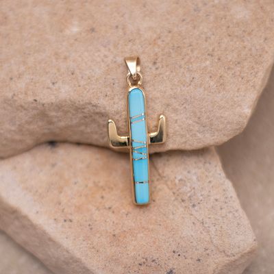 14K Gold Turquoise Inlay Cactus Pendant