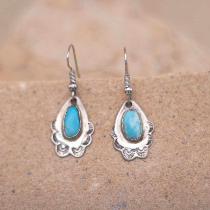 Oval Hand Stamped French Wire Earrings with Turquoise