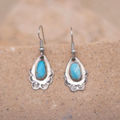 Oval Hand Stamped French Wire Earrings with Turquoise