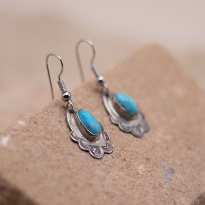 Oval Hand Stamped French Wire Earrings with Turquoise
