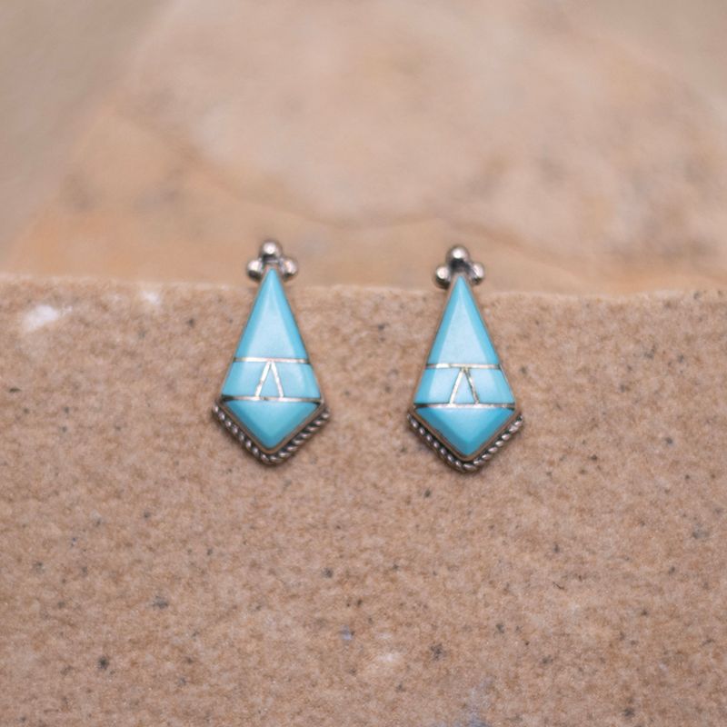 Half Diamond Shape Post Earrings with Turquoise Inlay