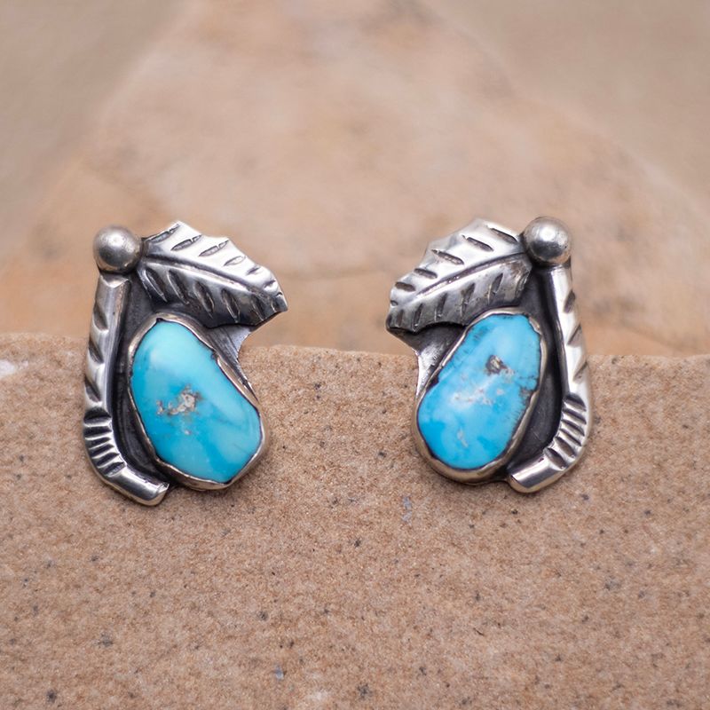 Vintage Leaf Design Earrings with Turquoise Nugget