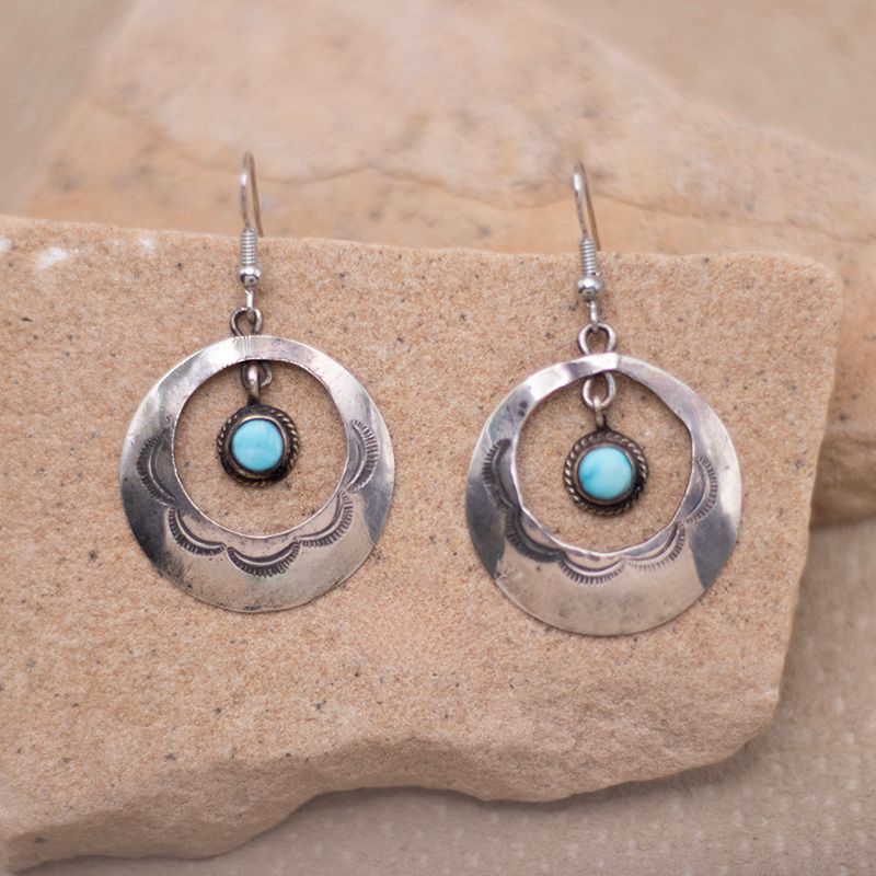 Round Earring with Hand Stamp and Loose Turquoise Center