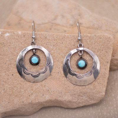Round Earring with Hand Stamp and Loose Turquoise Center